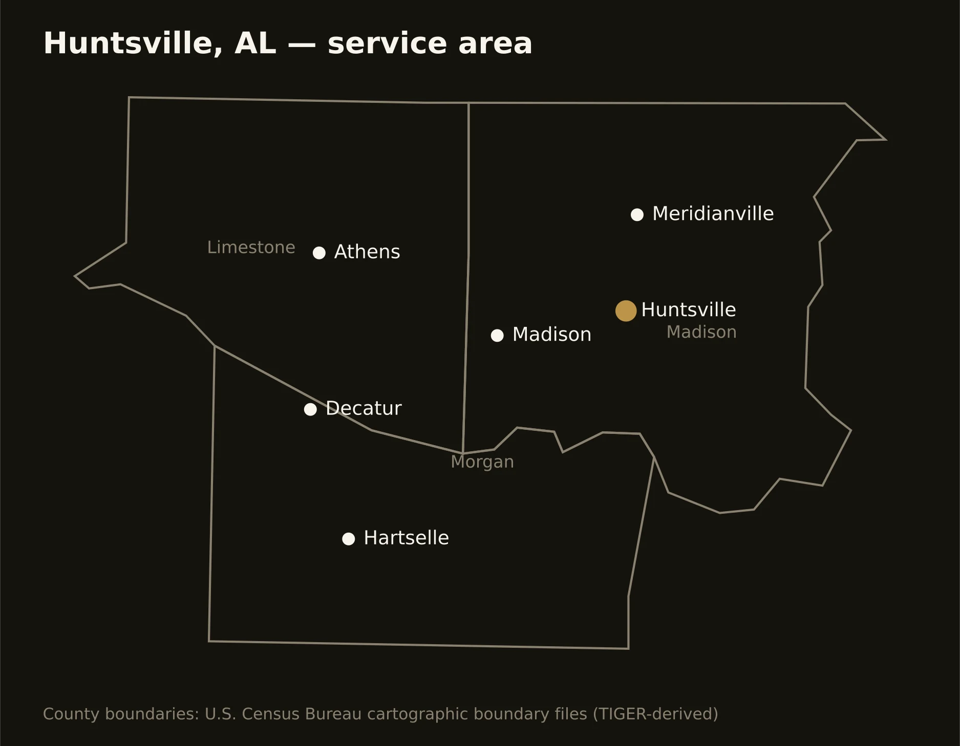 Huntsville, AL directional drilling service area map — component counties and cities served